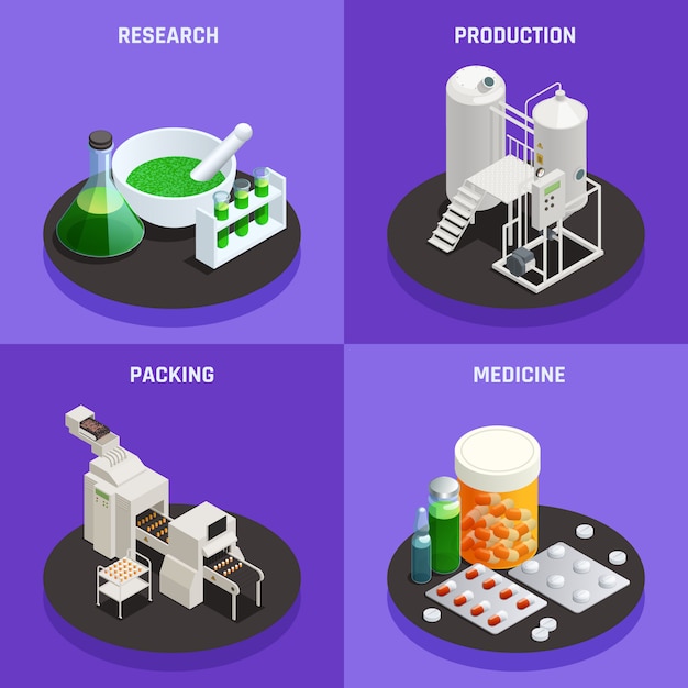 Pharmaceutical industry innovative technologies concept 4 isometric icons composition with scientific research production packing medicine