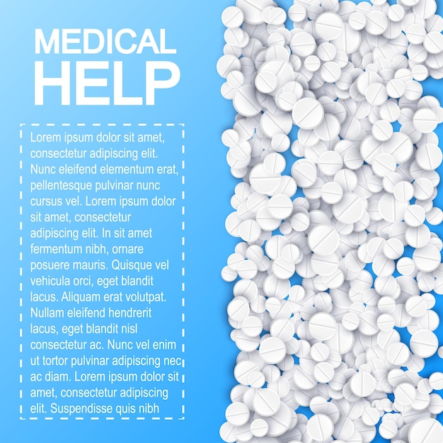 Плакат фармацевтических препаратов с текстом и белыми таблетками, лекарствами, лекарствами на синей иллюстрации