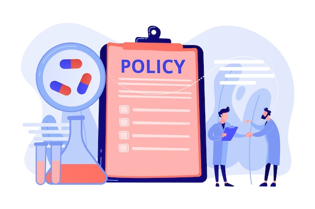 Free vector pharmaceutical policy on clipboard and researchers, tiny people. pharmaceutical policy, pharmaceutical lobby, drugs production control concept. pinkish coral bluevector vector isolated illustration