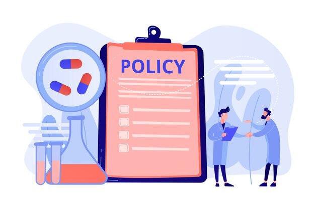 Pharmaceutical policy on clipboard and researchers, tiny people. Pharmaceutical policy, pharmaceutical lobby, drugs production control concept. Pinkish coral bluevector vector isolated illustration