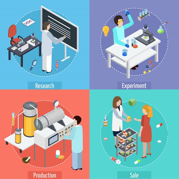 Pharmaceutical production 4 isometric icons