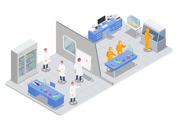 Pharmaceutical production isometric composition with view of research and test rooms with medical products and scientists