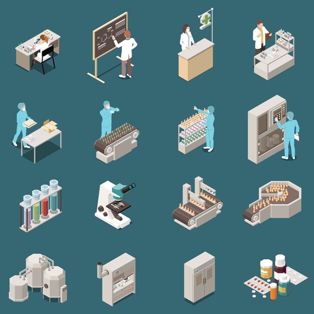 Pharmaceutical production isometric icon set with scientist at work and drug manufacturing  illustration