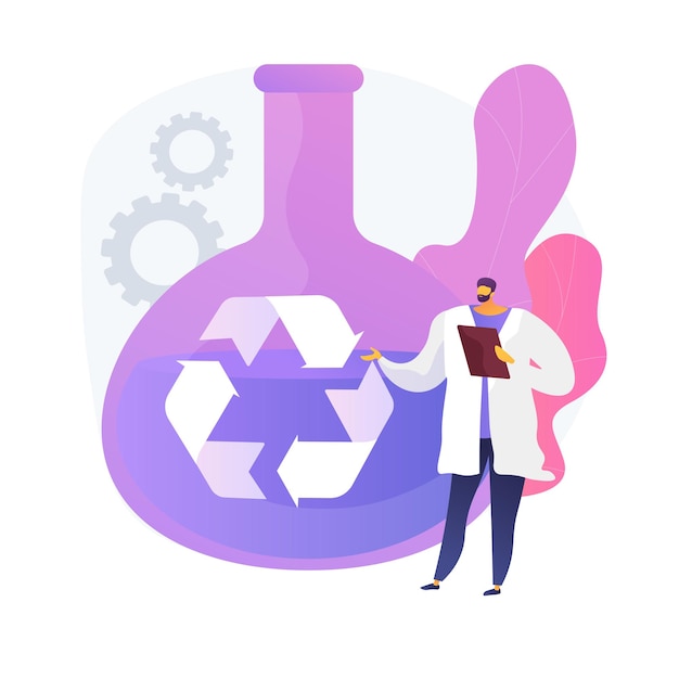 Free vector pharmaceutical research. chemical liquid analysis, lab testing, bio drug analyzing. fluid in recycling glassware. laboratory worker cartoon character.