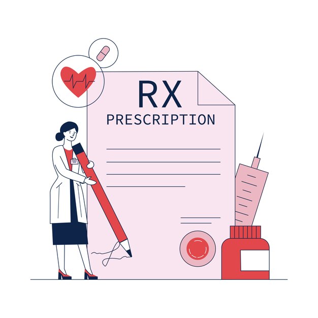Pharmacist signing drug prescription flat vector illustration