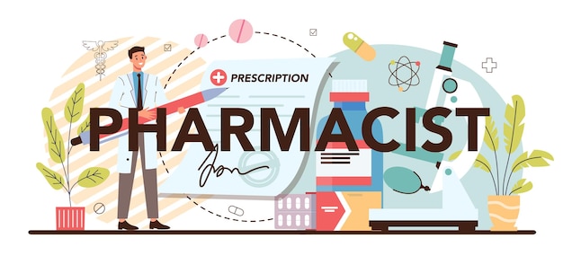 Pharmacist typographic header pharmacist selling drugs in bottle and box for disease treatment drugstore employee medical treatment prescription isolated vector illustration