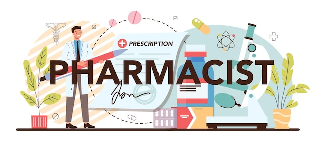 Intestazione tipografica del farmacista farmacista che vende farmaci in bottiglia e scatola per il trattamento di malattie dipendente di farmacia prescrizione di cure mediche illustrazione vettoriale isolata