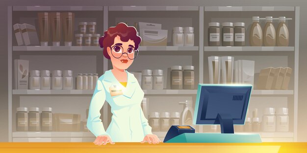 Женщина-фармацевт в аптеке прилавок