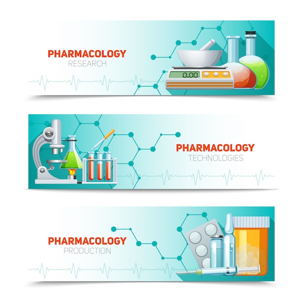Free vector pharmacology horizontal banners set