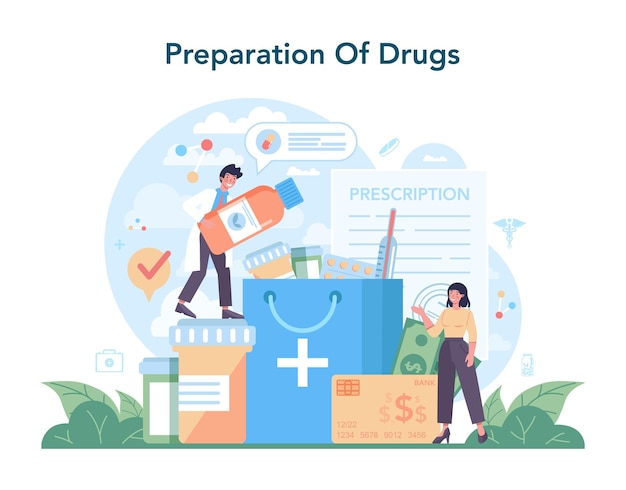 Pharmacy concept Pharmacist preparing and selling drugs in bottle and box for disease treatment Healthcare and medical treatment concept Isolated vector illustration