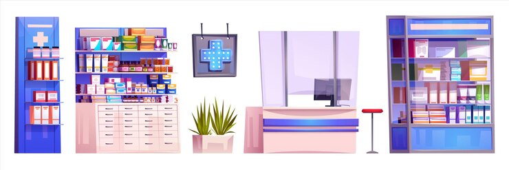 Free Vector pharmacy equipment cartoon drugstore shelves and racks with boxes glasses and tubes of medicines vitamins and health and treatment products counter with computer and sign with luminous cross