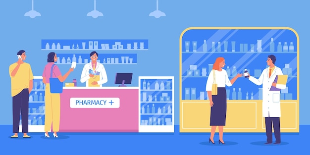 Fondo piatto interno della farmacia con il farmacista dei visitatori e il personale in camici bianchi che consultano l'illustrazione di vettore delle persone