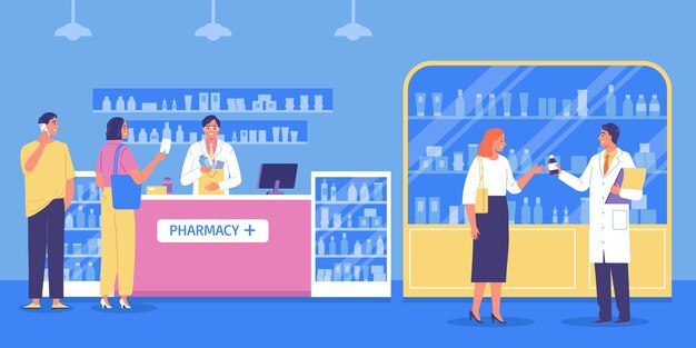 Pharmacy interior flat background with visitors pharmacist and staff in white coats consulting people vector illustration