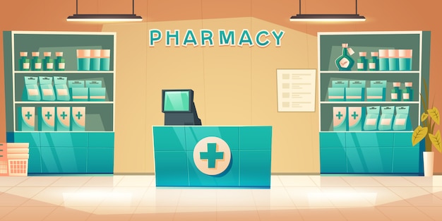 Pharmacy interior with counter and drug on shelves