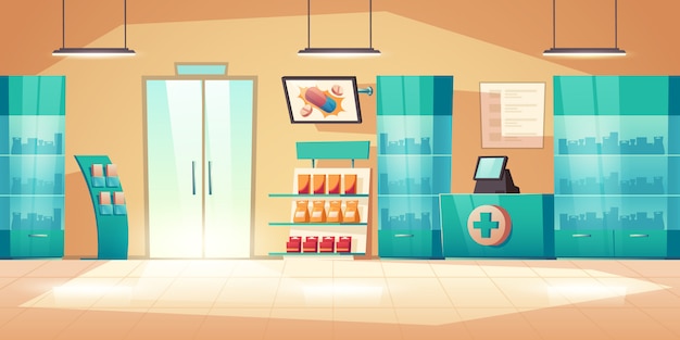 Free vector pharmacy interior with counter, pills and drugs