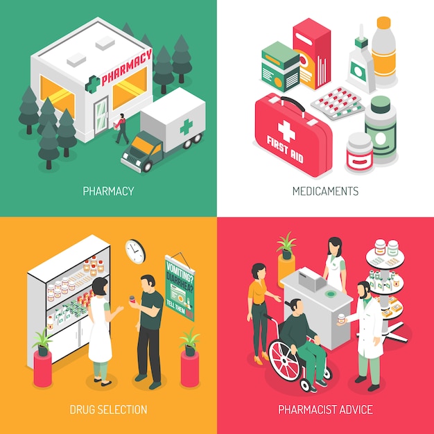 Free vector pharmacy isometric icons square