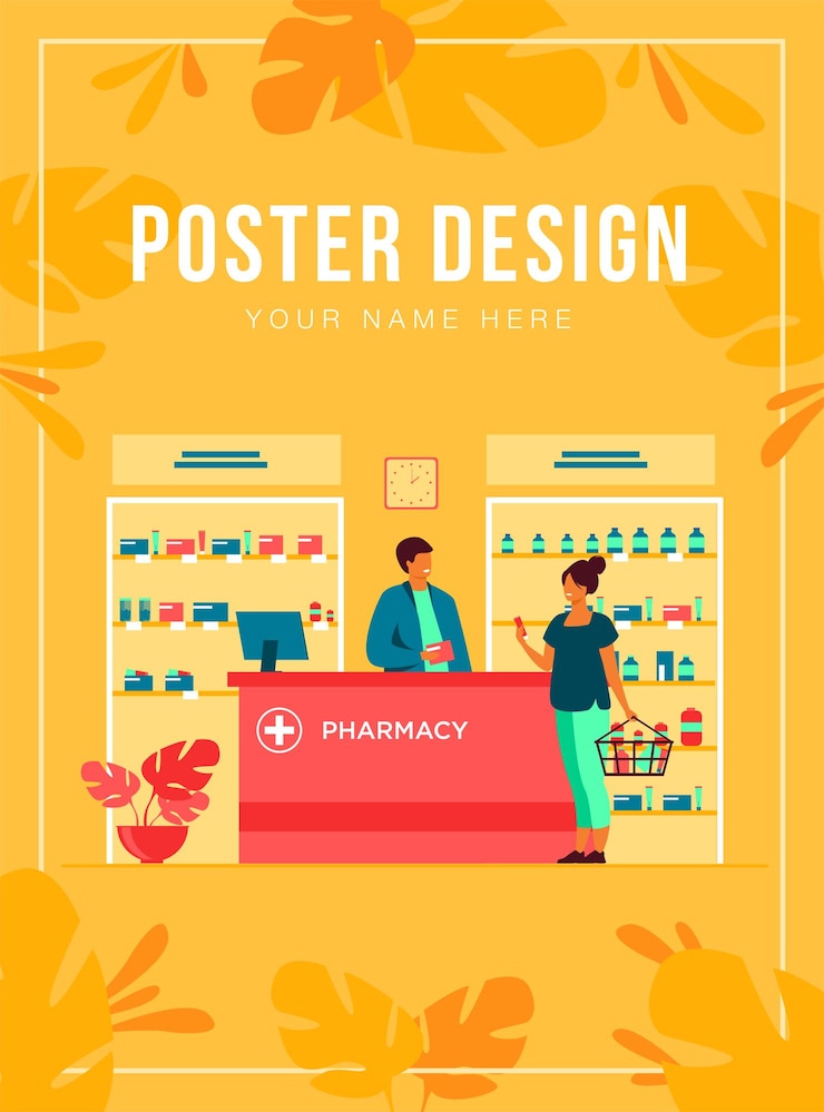 Free Vector pharmacy or medical shop concept. people buying medication in drugstore, consulting pharmacist at cash register, choosing drugs at showcase.  illustration for pharmaceuticals, healthcare topics