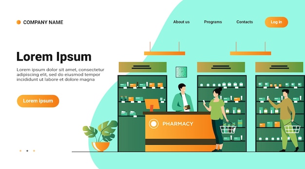 Free vector pharmacy or medical shop concept. people buying medication in drugstore, consulting pharmacist at cash register, choosing drugs at showcase