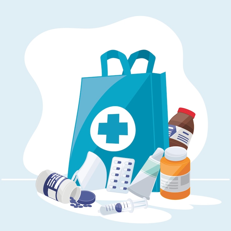 Free Vector pharmacy paper bag and medicine