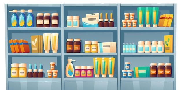Бесплатное векторное изображение Полки аптеки с лекарствами витрина аптеки с бутылками витаминов таблетки