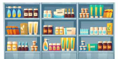 Free vector pharmacy shelves with medicines drugstore showcase with pills vitamins bottles
