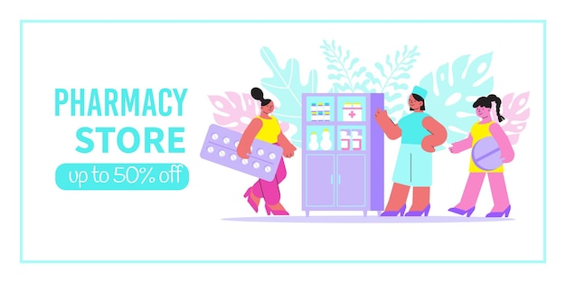 Pharmacy store banner with pharmacist near showcase illustration