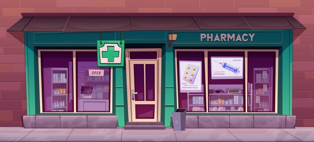 Pharmacy store building facade with signboard