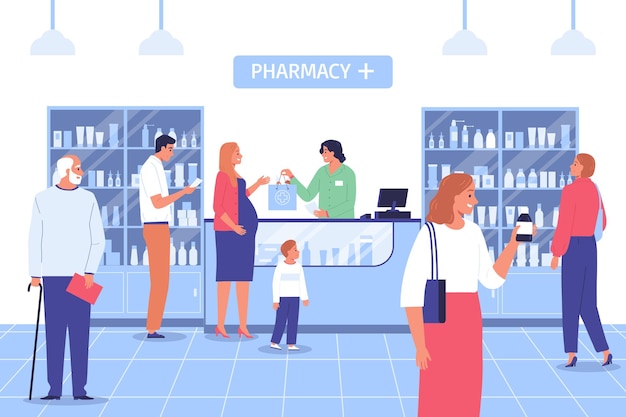 История аптеки плоский фон с посетителями и женщиной-аптекарем, работающей за векторной иллюстрацией счетчика