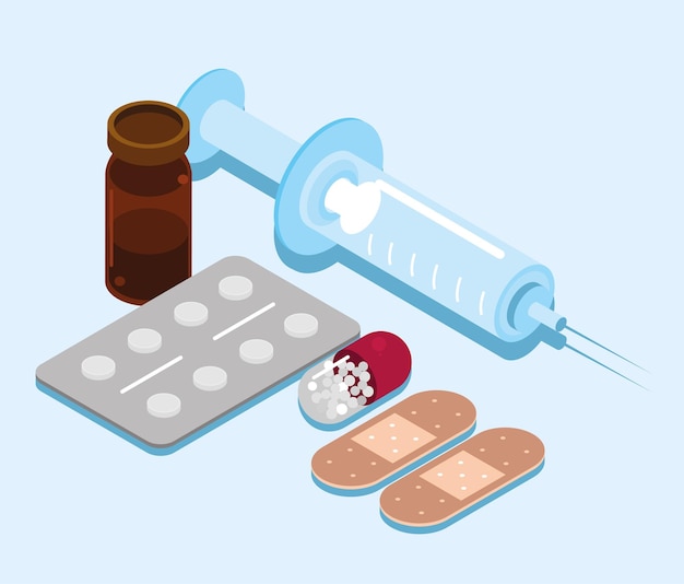 無料ベクター 薬局の注射器と薬の等角投影