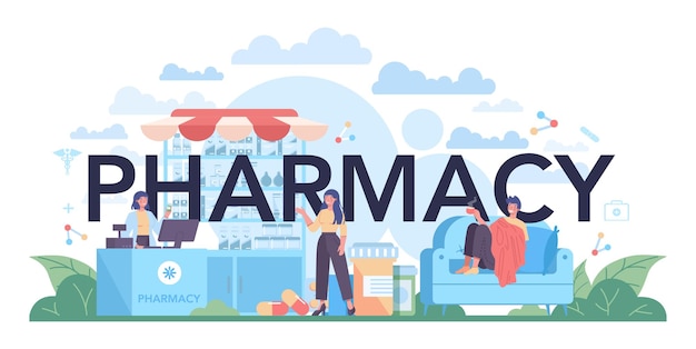 Free vector pharmacy typographic header pharmacist preparing and selling drugs in bottle and box for disease treatment healthcare and medical treatment concept isolated vector illustration