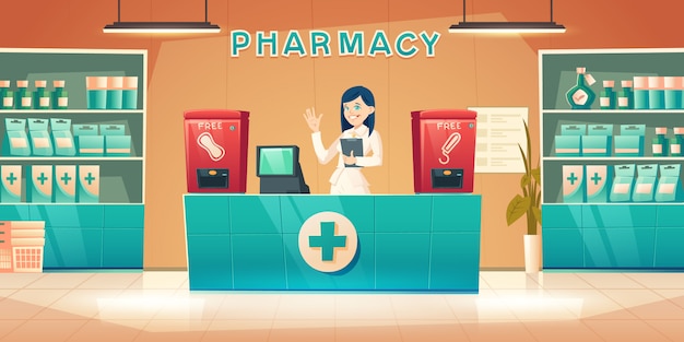 Free vector pharmacy with pharmacist woman at counter desk