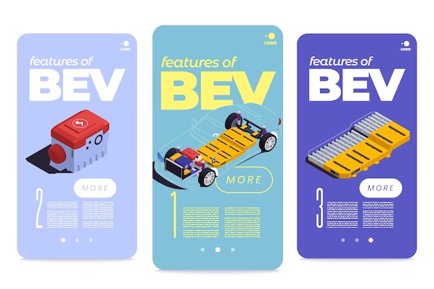 Free vector phev auto concept banner set with bev type electric vehicles isometric isolated vector illustration