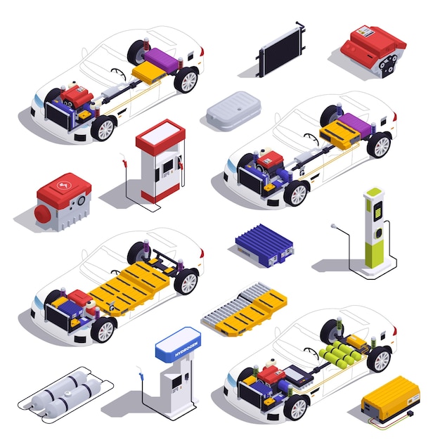 Free vector phev vehicles isometric icons set with plug in hybrid auto components isolated vector illustration