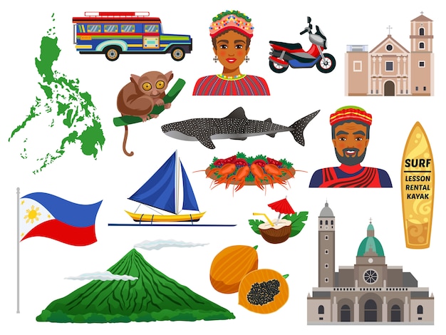 Филиппины набор иконок путешествия с животными ориентиры, традиционные блюда и национальные костюмы, изолированные