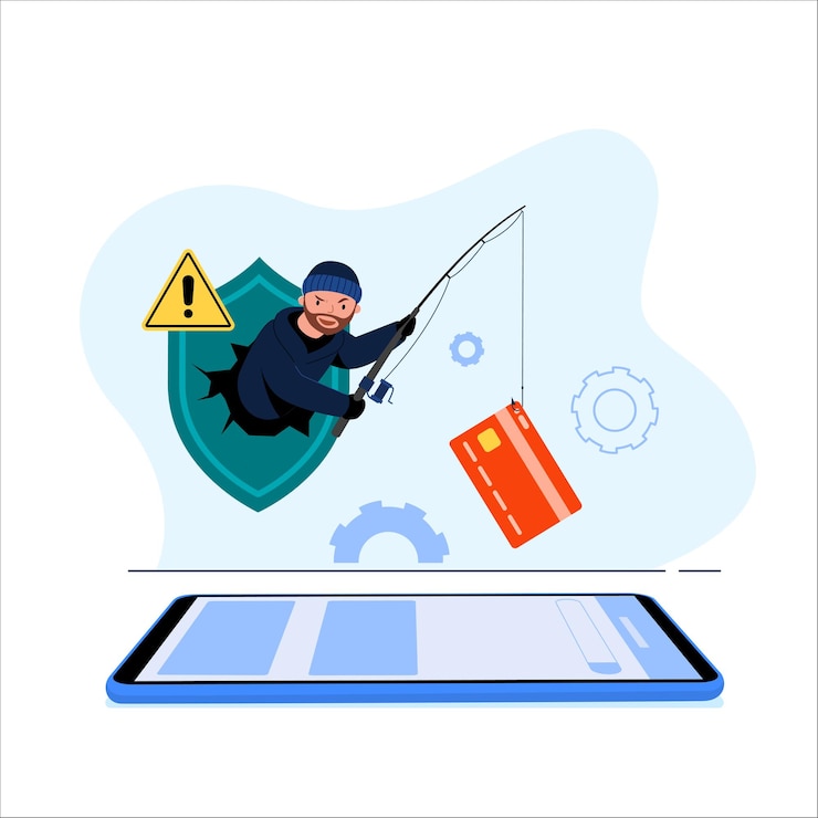 Free Vector phishing illustration. hacker stealing a credit card from an app. cybercrime