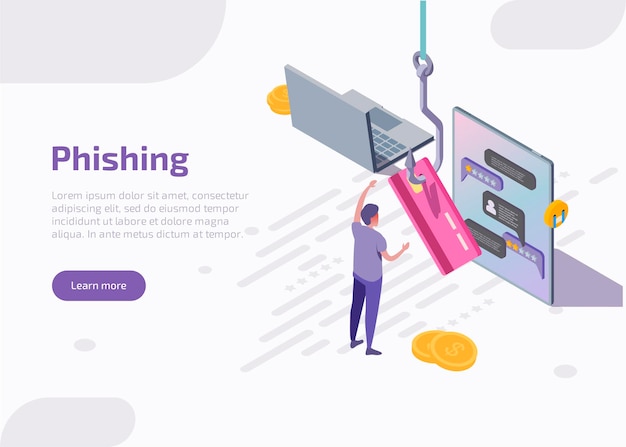 Free vector phishing isometric landing page or web banner. fishing hook catch credit card.