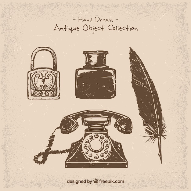Телефон и нарисованные от руки старинные объекты