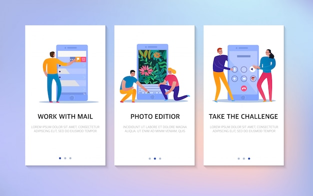 Взаимодействие по телефону вертикальные баннеры с текстовым полем и люди, использующие почту и фото редактор иконок, изолированные