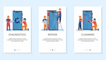 Free vector phone repair service flat app design banners set with engineers doing diagnostics fixing and cleaning smartphone isolated vector illustration
