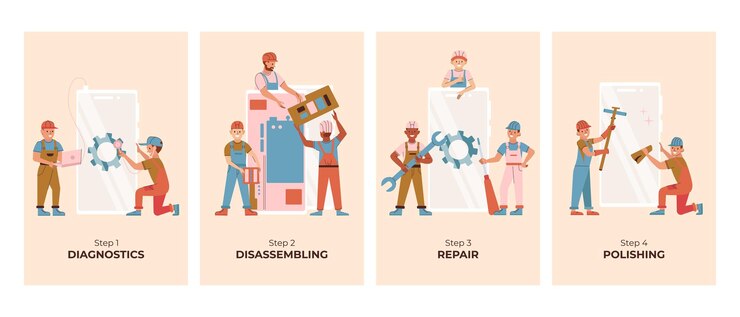Free Vector phone repair service infographic set with smartphone fixing steps flat vector illustration