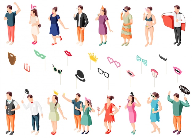 Free vector photo booth party guests in costumes holding props isometric icons collection with eye masks lips hats