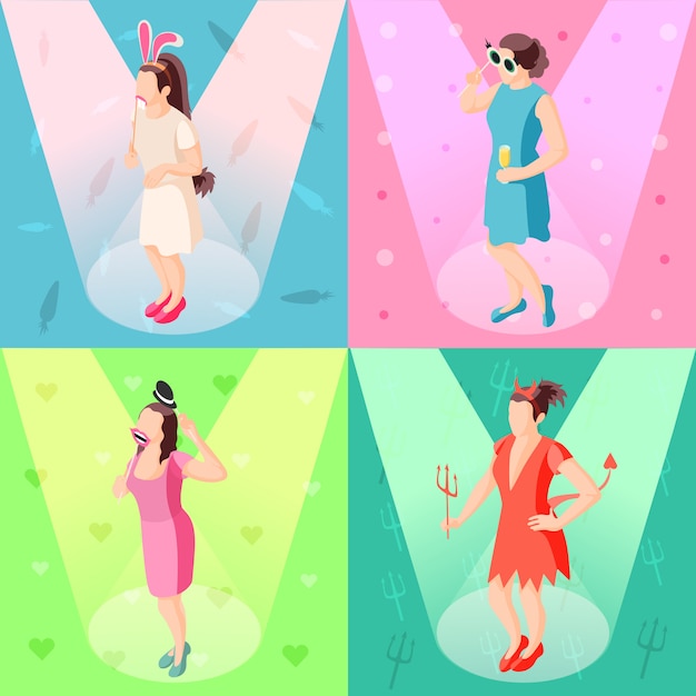 Free vector photo booth props concept 4 isometric festive  icons with girls posing with party accessories