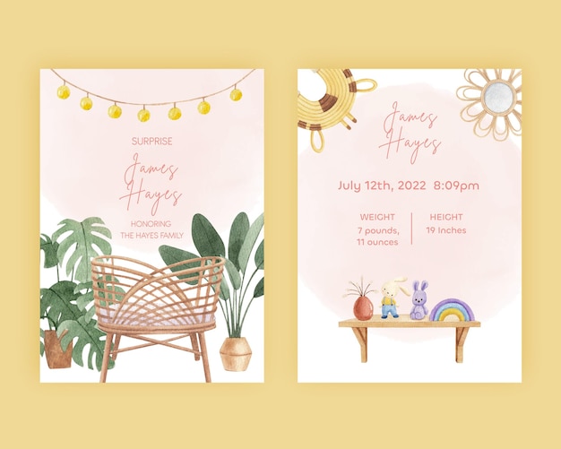 Free vector photo card template with very peri boho nursery conceptwatercolor style