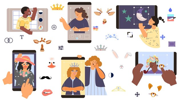 Photo edit instrument set with flat isolated icons of doodle stickers and smartphone screens with hands vector illustration