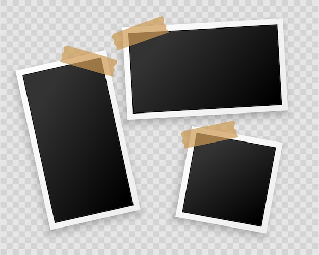 Free vector photo frames with adhesive tape on transparent background