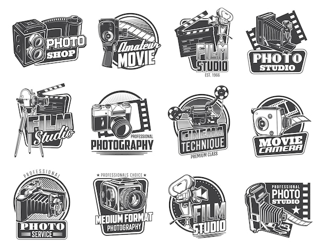 Photo and movie camera icons. professional photo and video studio emblems, photography and cinema equipment store vector retro badges, icons with vintage folding, medium format and slr film cameras