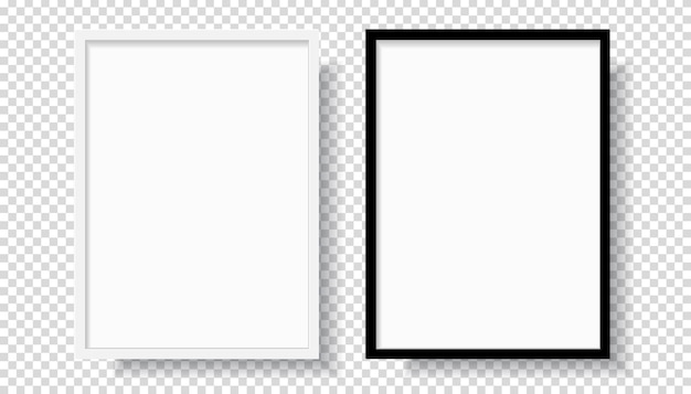 Photo realistic black blank and white picture frame, hanging on a wall from the front. mockup isolated on transparent background. graphic style template. vector illustration