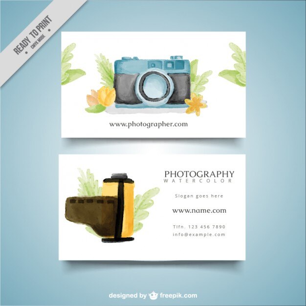 Free Vector photo studio card with watercolor camera and bobbin 