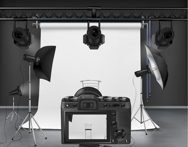 Free Vector photo studio with white roll-up screen, digital camera, spotlights and softboxes 