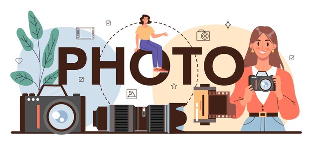 Photo typographic header Professional photographer with camera taking pictures in a studio Artistic occupation and photography journalism Isolated flat vector illustration